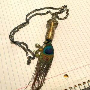 Vintage inspired utensil top, peacock feather necklace